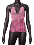 Ladies Mesh Rhinestone Deep V Sexy Tassel Backless Top
