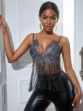 Ladies Mesh Rhinestone Deep V Sexy Tassel Backless Top