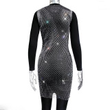 Women Mesh Diamond Round Neck Dress