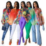 Women's Summer Lace-Up Printed Chiffon Shirt Bat Sleeves Top