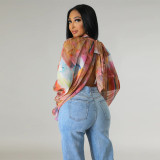 Women's Summer Lace-Up Printed Chiffon Shirt Bat Sleeves Top