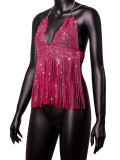 Ladies Mesh Rhinestone Deep V Sexy Tassel Backless Top