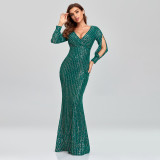 Plus Size Women Long Sleeve V-Neck Sequined Mermaid Evening Dress
