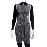 Women Mesh Diamond Round Neck Dress