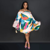 plus size off shoulder printed bat long sleeve loose dress
