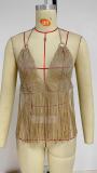 Ladies Mesh Rhinestone Deep V Sexy Tassel Backless Top