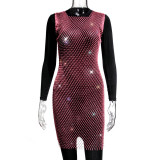 Women Mesh Diamond Round Neck Dress