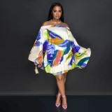 plus size off shoulder printed bat long sleeve loose dress