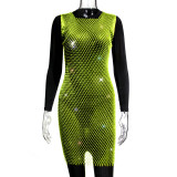 Women Mesh Diamond Round Neck Dress