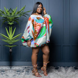 plus size off shoulder printed bat long sleeve loose dress
