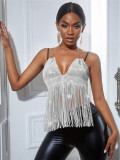 Ladies Mesh Rhinestone Deep V Sexy Tassel Backless Top