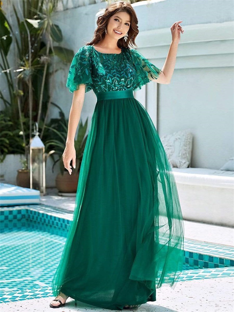 Women Short Sleeve Lace Patchwork Round Neck mesh Evening Dress