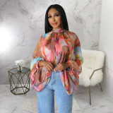 Women's Summer Lace-Up Printed Chiffon Shirt Bat Sleeves Top