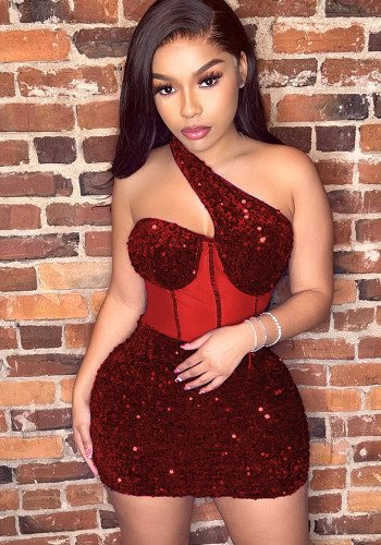 Summer Women's Fashion Sexy Mesh Sequin Slash Shoulder Club Dress