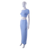 Women's Spring Solid Short Sleeve Crop Two Piece Skirt Set