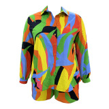 Spring Print Turndown Collar  Plus Size Shirt Shorts Casual Ladies Two Piece Set