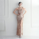 Flower Sequins Sexy Off Shoulder Strap Slit Formal Party Evening Dress