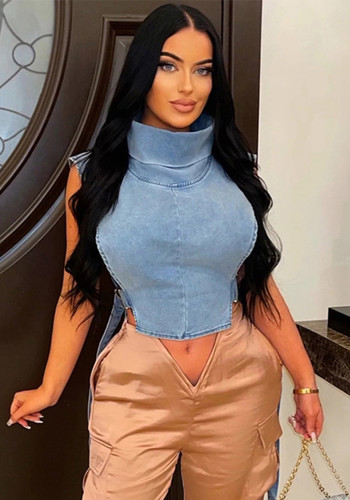 Spring Summer Denim Stand Collar Sleeveless Cargo Short Trendy Vest