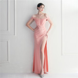 Fur Trim Off Shoulder Slit Sexy Evening Dress Cocktail Dinner Wedding Gown