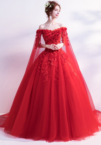 Off Shoulder Evening Dress Veil Long-Sleeved Bride Wedding Dress Formal Cocktail Party Dress（Processing time need 3-6 days）