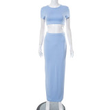 Women's Spring Solid Short Sleeve Crop Two Piece Skirt Set