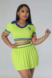 Women's Knitting Sports Pleated Skirt Cropped Short Sleeve Top Two Piece Set
