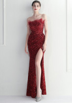 Fur Trim Sequins Formal Party Dress Club Prom Strapless Maxi Gown Evening Dress
