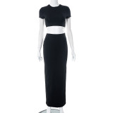 Women's Spring Solid Short Sleeve Crop Two Piece Skirt Set