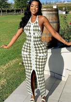 Women's U Neck Tight Fitting Dress Sexy Halter Plaid Low Back Slit Long Dress Women's U Neck Tight Fitting Dress Sexy Halter Plaid Low Back Slit Long Dress