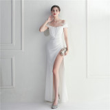 Fur Trim Off Shoulder Slit Sexy Evening Dress Cocktail Dinner Wedding Gown