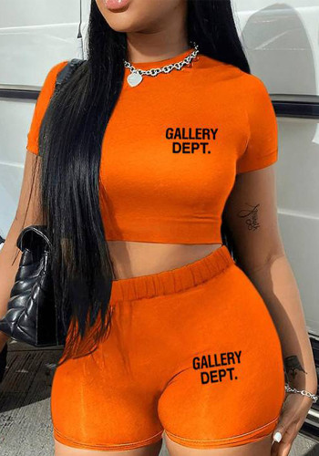 Solid Letter Print Casual Two Piece Women's Street T-Shirt Shorts Set