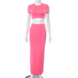 Women's Spring Solid Short Sleeve Crop Two Piece Skirt Set