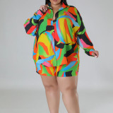Spring Print Turndown Collar  Plus Size Shirt Shorts Casual Ladies Two Piece Set