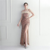 Fur Trim Sequins Formal Party Dress Club Prom Strapless Maxi Gown Evening Dress