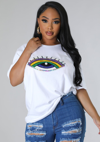 Women's Fashion Casual Eyes Print Solid Color Short Sleeve Tops Women's T-Shirts