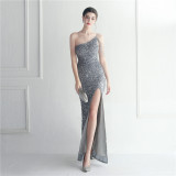 Beaded One-Shoulder Strap Slit Nightclub Evening Dress Formal Party Gown