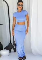 Women's Spring Solid Short Sleeve Crop Two Piece Skirt Set Women's Spring Solid Short Sleeve Crop Two Piece Skirt Set