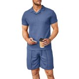 Summer Wafflev Turndown Collar Short-Sleeved Polo Shirt Shorts Men's Casual Fashion Two Piece Set