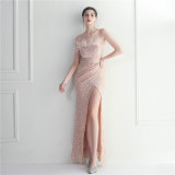 Fur Trim Sequins Formal Party Dress Club Prom Strapless Maxi Gown Evening Dress