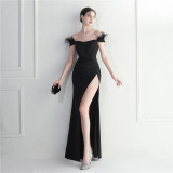 Fur Trim Off Shoulder Slit Sexy Evening Dress Cocktail Dinner Wedding Gown
