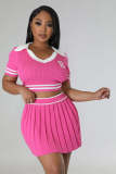 Women's Knitting Sports Pleated Skirt Cropped Short Sleeve Top Two Piece Set