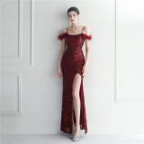 Flower Sequins Sexy Off Shoulder Strap Slit Formal Party Evening Dress