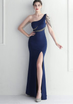 Beaded Bridesmaid Party Gown Sexy One Shoulder Long Evening Dress