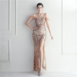 Flower Sequins Sexy Off Shoulder Strap Slit Formal Party Evening Dress