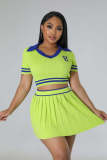 Women's Knitting Sports Pleated Skirt Cropped Short Sleeve Top Two Piece Set