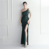 Beaded One-Shoulder Strap Slit Nightclub Evening Dress Formal Party Gown