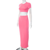 Women's Spring Solid Short Sleeve Crop Two Piece Skirt Set