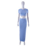 Women's Spring Solid Short Sleeve Crop Two Piece Skirt Set