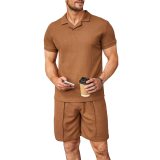 Summer Wafflev Turndown Collar Short-Sleeved Polo Shirt Shorts Men's Casual Fashion Two Piece Set