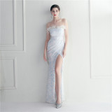 Fur Trim Sequins Formal Party Dress Club Prom Strapless Maxi Gown Evening Dress